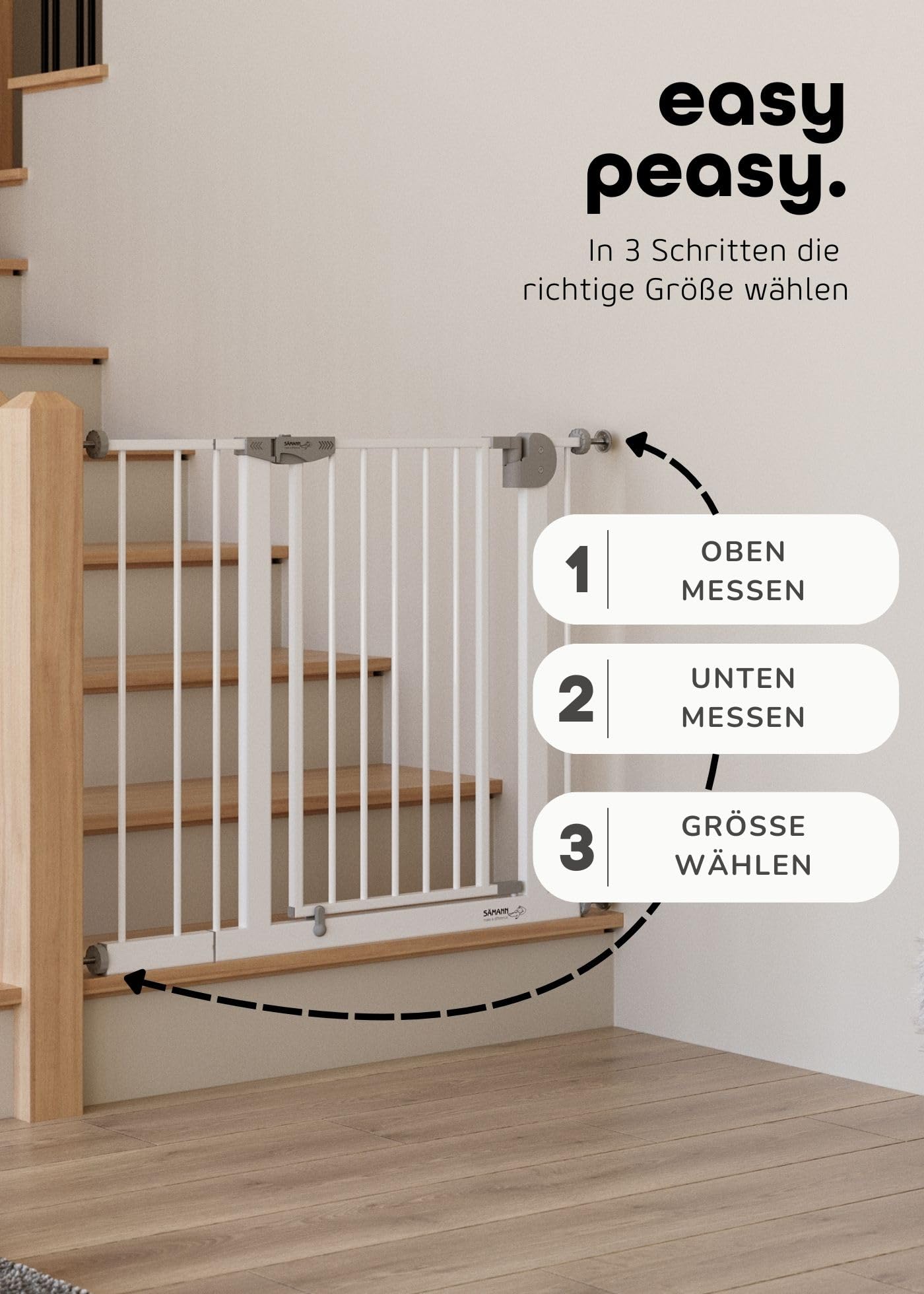 Sämann Türschutzgitter & Treppenschutzgitter zum Klemmen ohne Bohren | für Öffnungen von 112-127 cm | selbstschließendes Absperrgitter mit Verlängerung | Absperrgitter | mit Y-Spindel