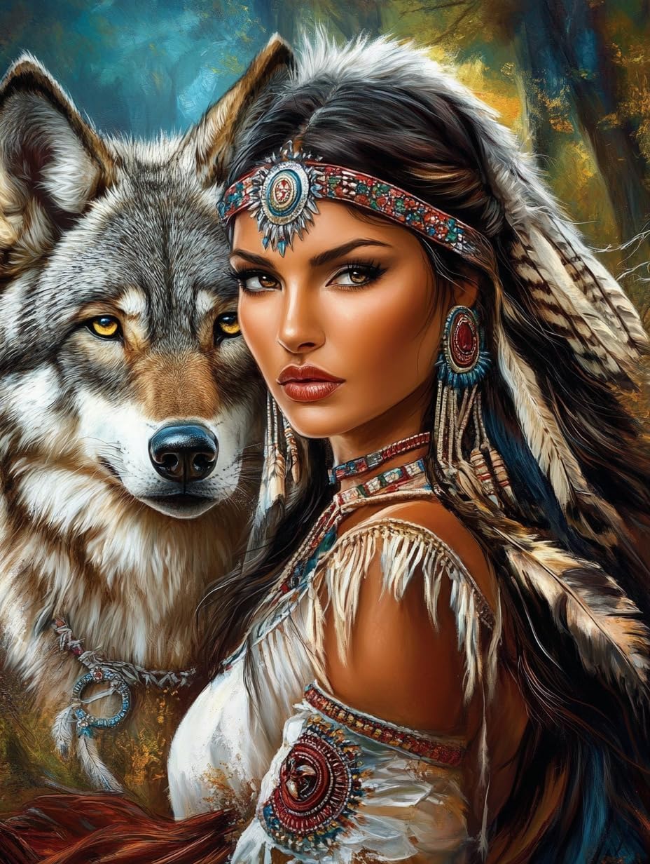 American Native Indian Women Wolf Preprinted 11CT Cross Stitch Kits for Beginners & Adults - Easy Needlepoint Patterns for Home Decor & Craftings 215