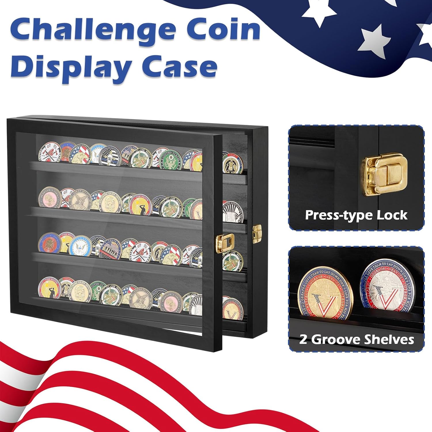 Challenge Coin Display Case, Solid Wood Military Coin Display Box with Gold Latches & 20 Acrylic Protectors , Challenge Coin Holder Organizer for Collectors, Veterans