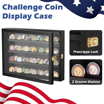 Challenge Coin Display Case, Solid Wood Military Coin Display Box with Gold Latch & 20 Acrylic Protectors Challenge Coin Holder Organizer for Collectors and Veterans