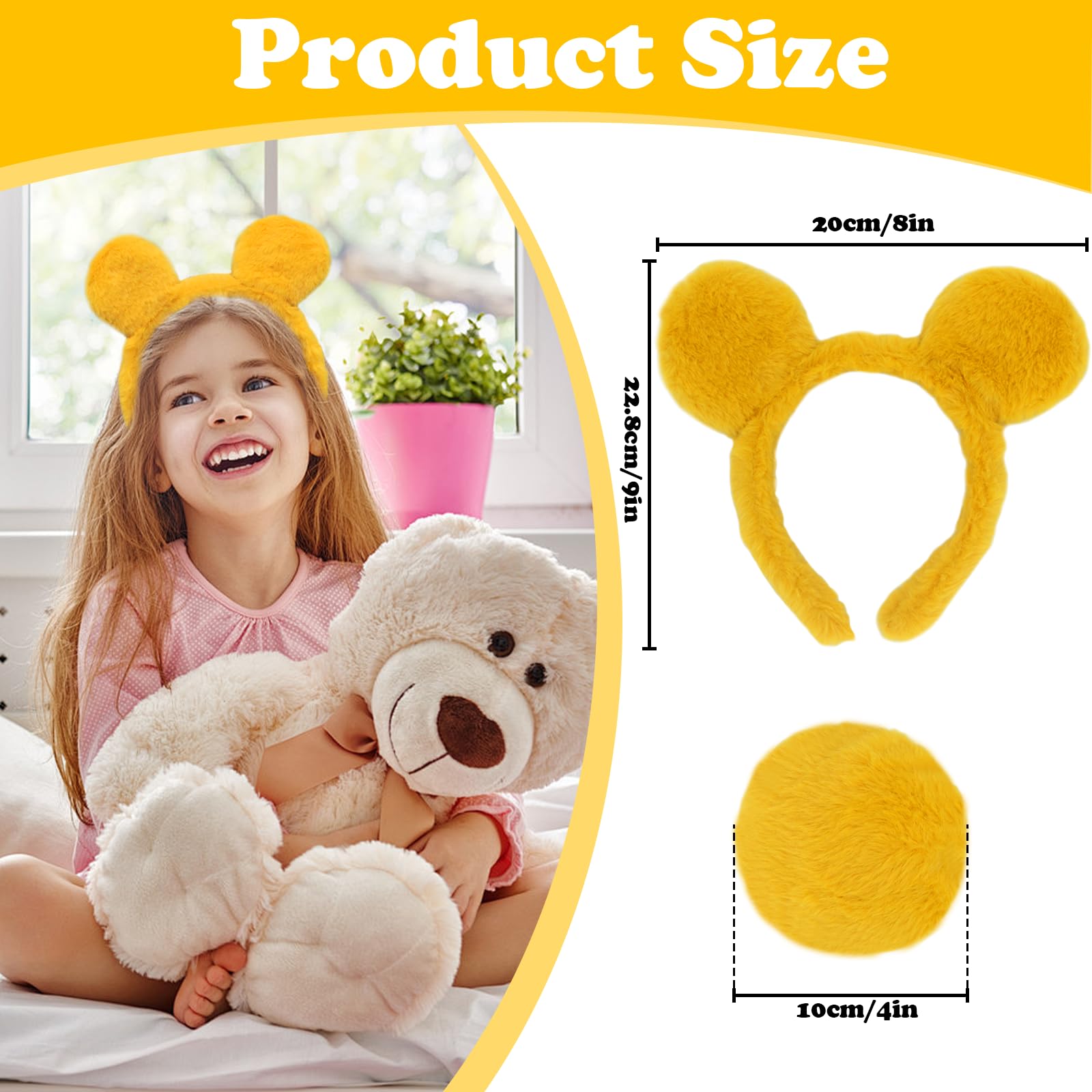 4 piezas de orejas de oso amarillo, diadema y cola, disfraz de oso de orejas de animal para adultos, mujeres, hombres, cosplay, carnaval
