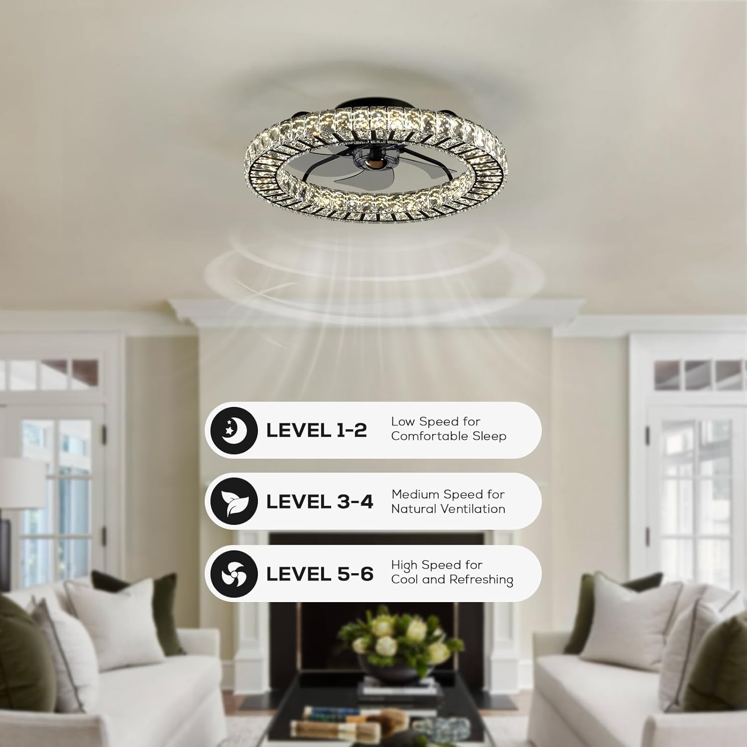 Crystal Ceiling Fan with Light and Remote, 22" Luxury Dimmable Chandelier Ceiling Fan, Modern LED Fan, Low Profile Flush Mount Fandelier for Bedroom Living Room-Black