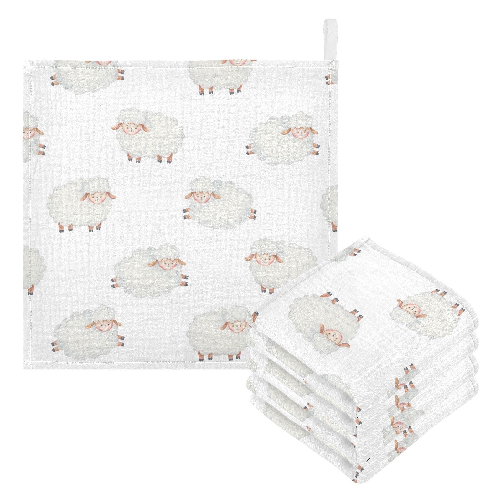 vvfelixl Baby Washcloths Cotton Cute Curly Lamb Muslin Count Sheep Soft Face Towel for Newborn Infants Wipes, 11.8 X 11.8 Inch, 5 Pack White