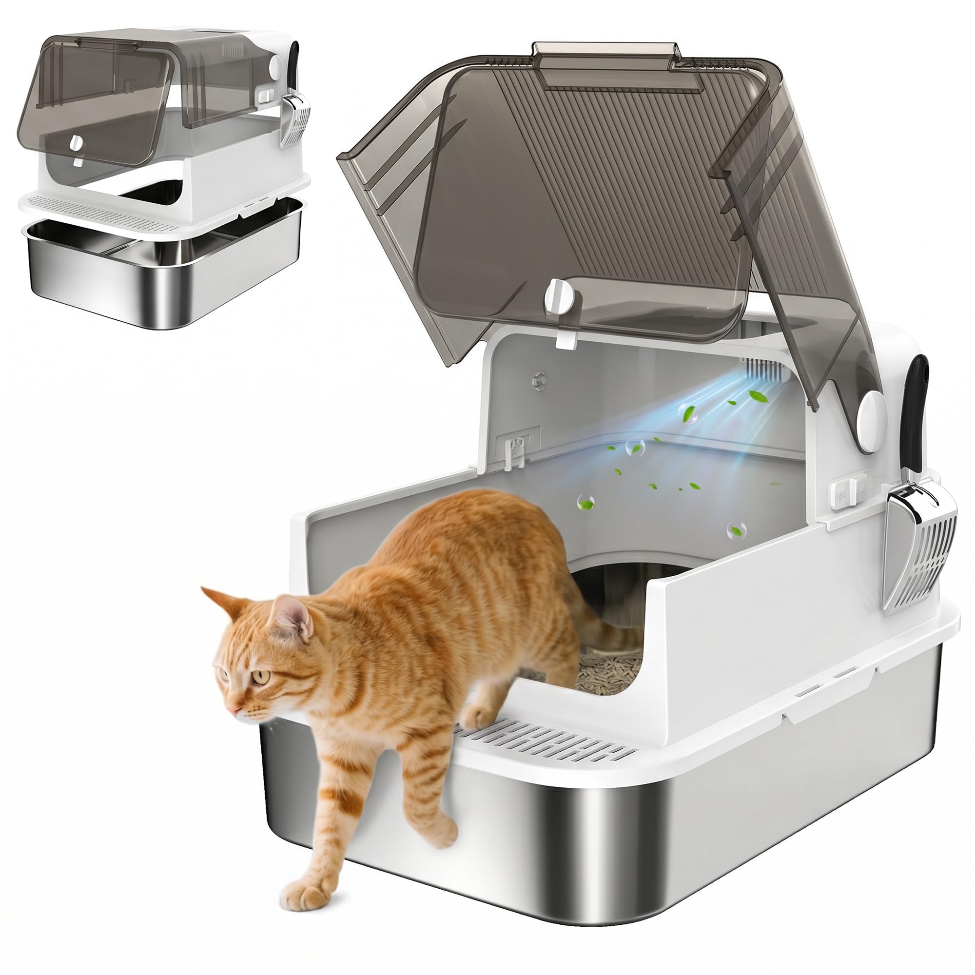 PawHut Lettiera per Gatti Chiusa XXL 20 kg Apribile 90° 70x50x46.5cm Bianco | Coperchio in Acciaio Inox, Doppie Porte, Paletta, Deodorante
