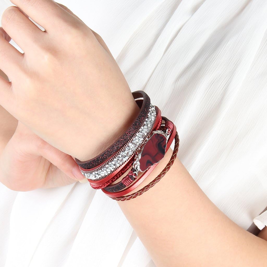 COOLLA Braided Wrap Bracelet Agate Stone Crystal Leather Cuff Bangle Women Bracelet (Red leather bracelet): Clothing, Shoes & Jewelry