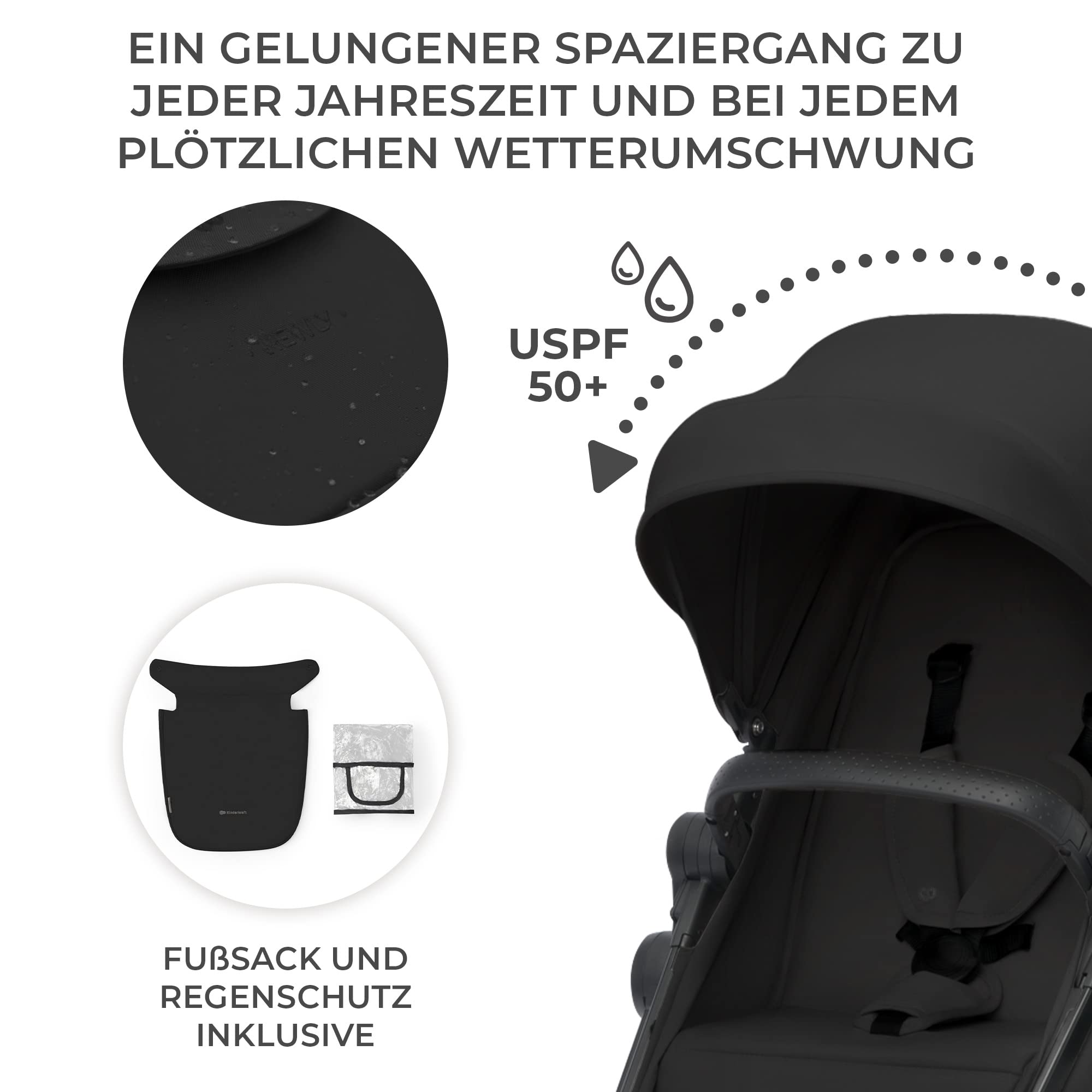 Kinderkraft Kinderwagen 3 in 1 Komplettset bis 22 kg I-Size 40-75 cm wasserfestes Verdeck UPF50+ Schwarz