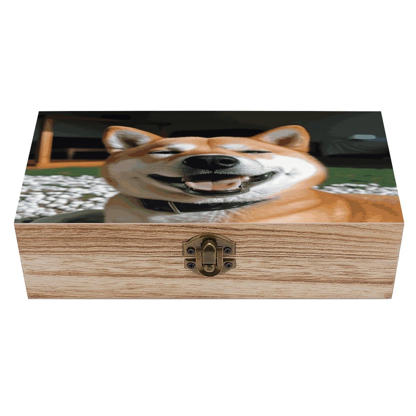 Adfgyerh Style Shiba Inu Smile Tongue Out Bins Solid Wood，Jewelry Box Retro And Exquisite，Storage Box Used For Storing Photos, Souvenirs, Letters, Gifts, And Jewelry.
