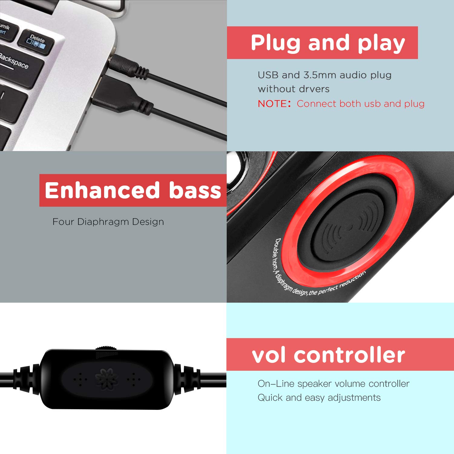 Haut-parleurs Surround USB 2.0 avec basses profondes pour PC, ordinateurs portables, ordinateurs de bureau, téléphones portables. Haut-parleurs multimédia Reccazr SP2040 à quatre diaphragmes. RED