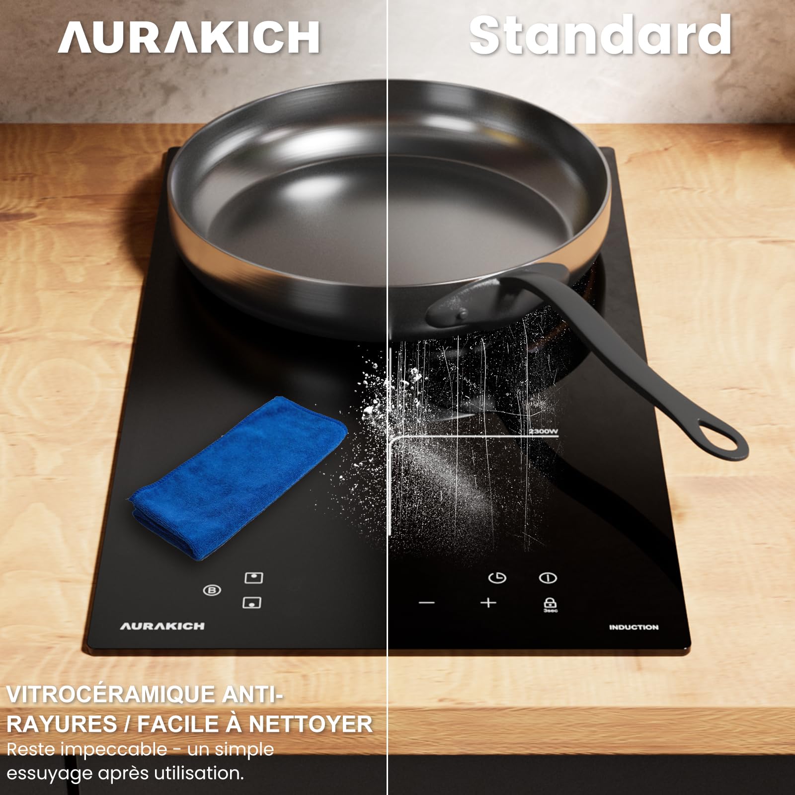 Plaque Induction 2 Feux - Plaque de Cuisson Electrique Encastrable 3800W, Verre Anti-Rayures avec Grattoir, Minuterie 1-99 min, Boost, Sécurité Enfant, 2 Ans Garantie - 2