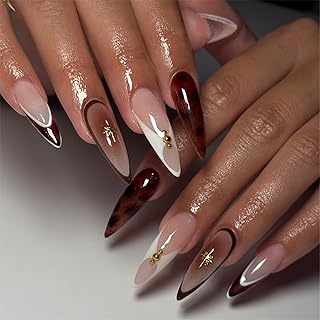 Press on Nails Lang, Nägel zum Aufkleben Braune, Stiletto Fake Nails mit Tortoise-Design, Press on Nails Almond, Wiederverwendbare Acryl-Nägel, Glänzende Vollabdeckung für Frauen, 24