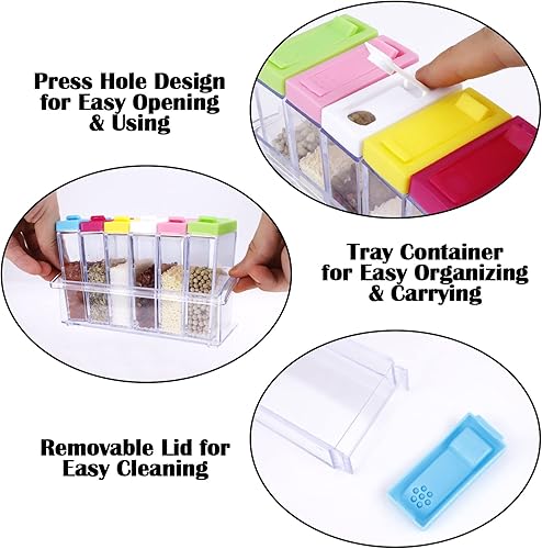 Miniatura 2 de Juego de 6 agitadores de especias de plástico, estante portátil de especias para cámper, caja de condimentos con tapas, tarros de especias para