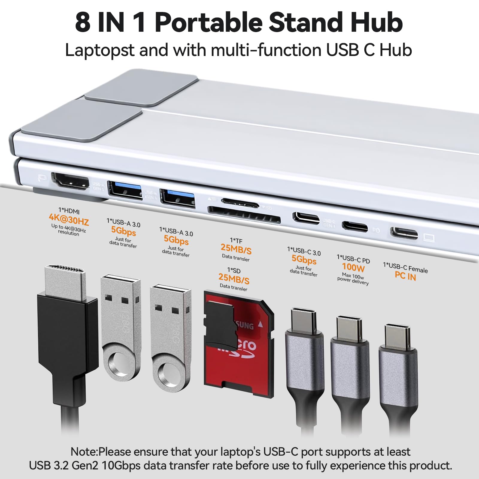 aceyoon Stojak na laptopa 8 w 1 USB C, stacja dokująca z aluminium, 100 W PD USB C Hub Stand z HDMI 4K 30Hz, USB 3.0+Typ-C 5 Gbps, czytnik kart SD/TF, w zestawie kabel USB C 60 cm do MacBooka, Pad i
