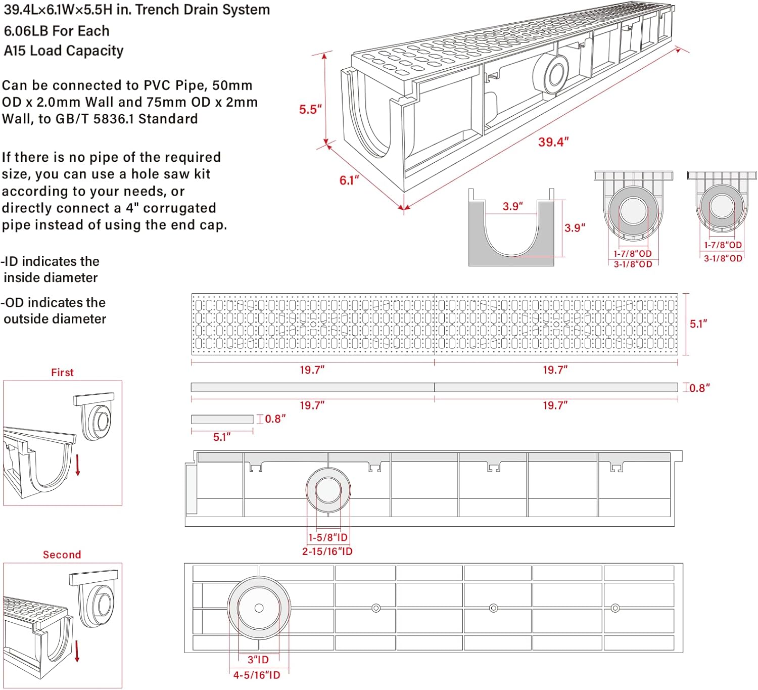 A15 Deep Profile HDPE Trench Drain-39.4Lx6.1Wx5.5H in. Channel Drain with Grates,6 Pack Total Length 236.22 in, Plastic Yard Drainage System for Outdoor,Yard Fence,Pool,Sidewalk,Patio