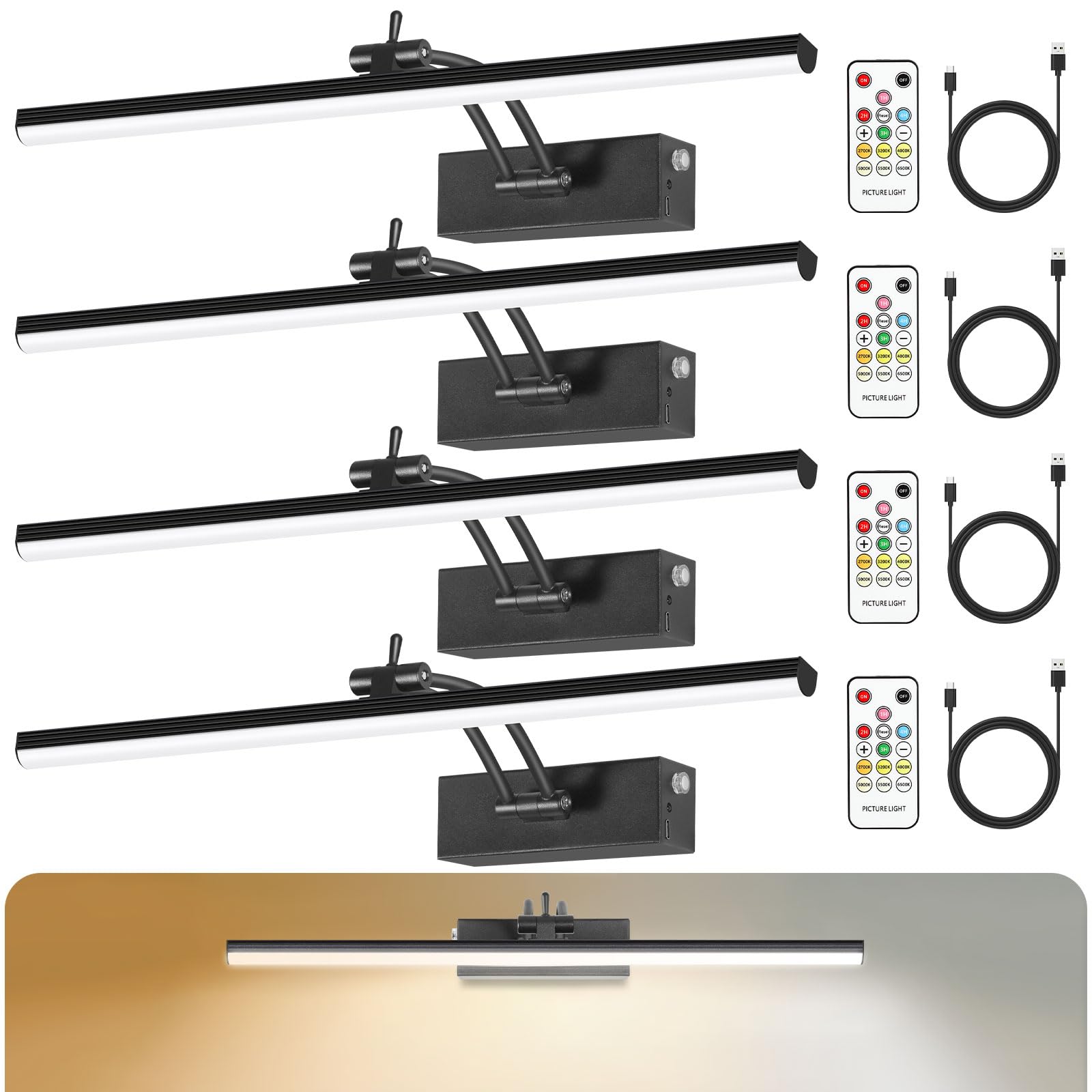 YAYIT 6 Colors Picture Lights for Wall, 16in Battery Operated Picture Light Rechargeable with Remote Timer, Dimmable Art Light for Wall Painting, Frame, Gallery, 4 Pack (Black)