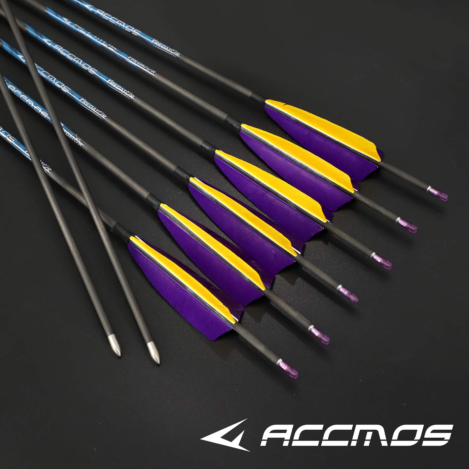 ACCMOS 12 Pezzi Caccia Freccia di Carbonio ID 4,2 mm Spine 300 350 400 500 600 700 800 900 1000 con 4 "Piuma di Tacchino per Tiro con L'Arco Tiro Accessori per Arco