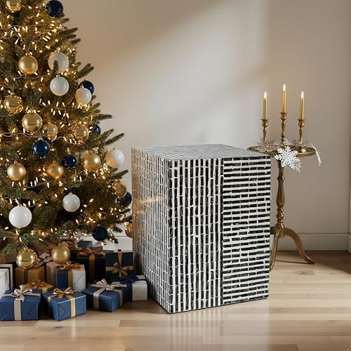 Vista 3 de PEMAR Capiz Shell - Mesa auxiliar cuadrada de tambor, mesa auxiliar contemporánea, mosaico, decoración para patio, café, decoración bohemia, mesita