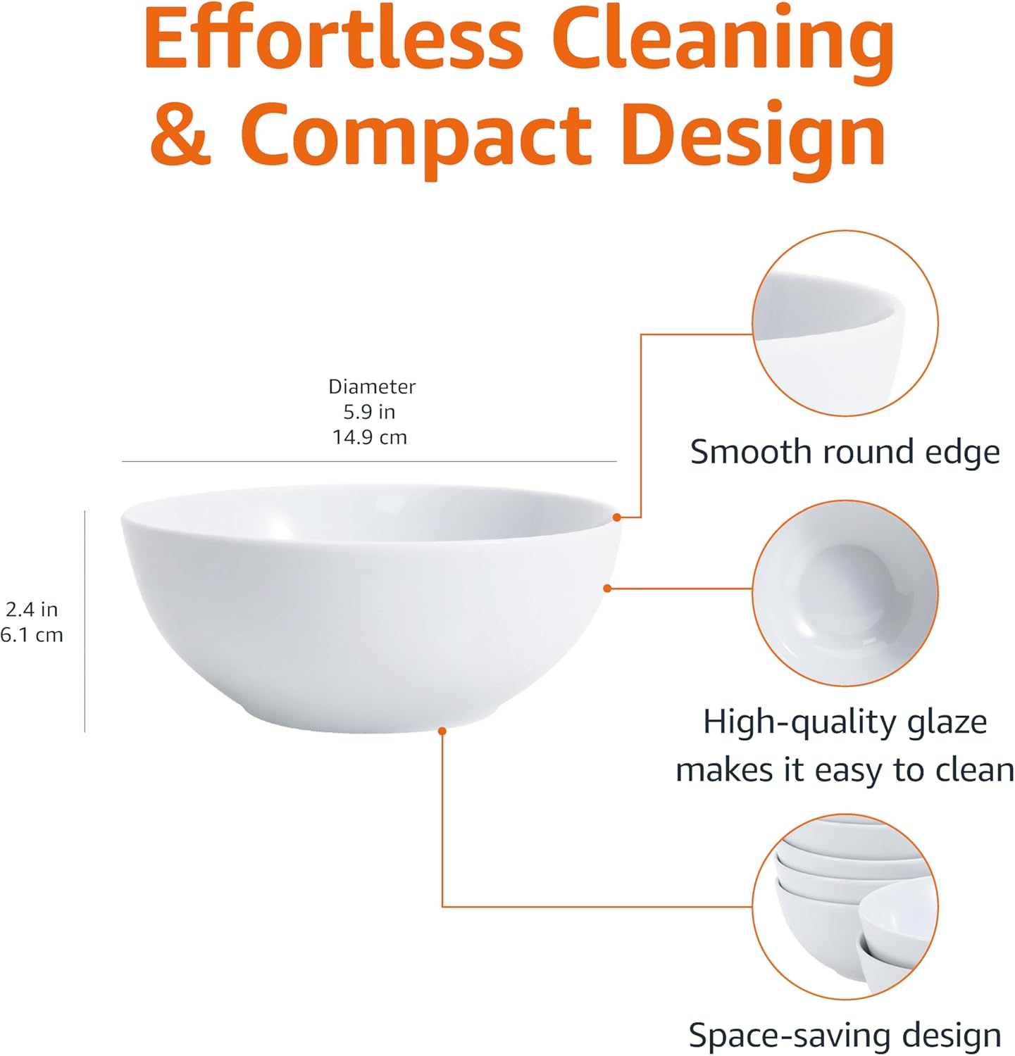 Amazon Basics 16-Pack White Porcelain Coupe Soup Bowl, 5.9" Diameter, Round, Microwave-Safe, Commercial-Grade