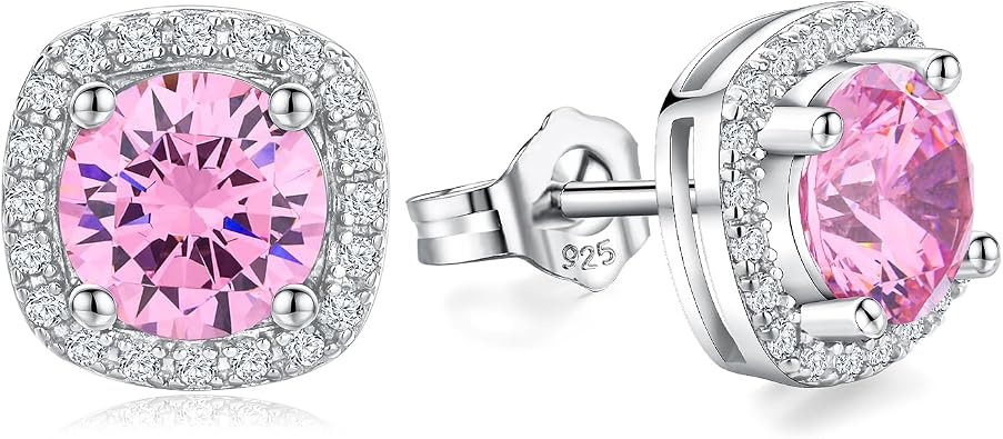 925 Silver Halo Birthstone Stud Earrings for Women fit Sensitive Ears