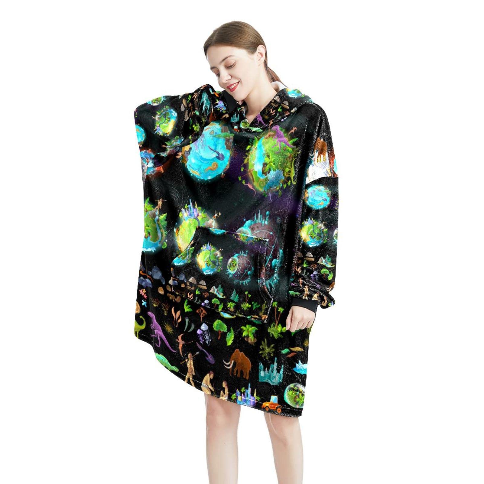 Etapas-Evolucion-Tierra-Creacion-Dibujos-Animados-Varios-Iconos-Colores-Plantas-Animales Coperta indossabile con cappuccio, oversize con cappuccio da donna,Felpa comoda, Multicolor, Taglia unica