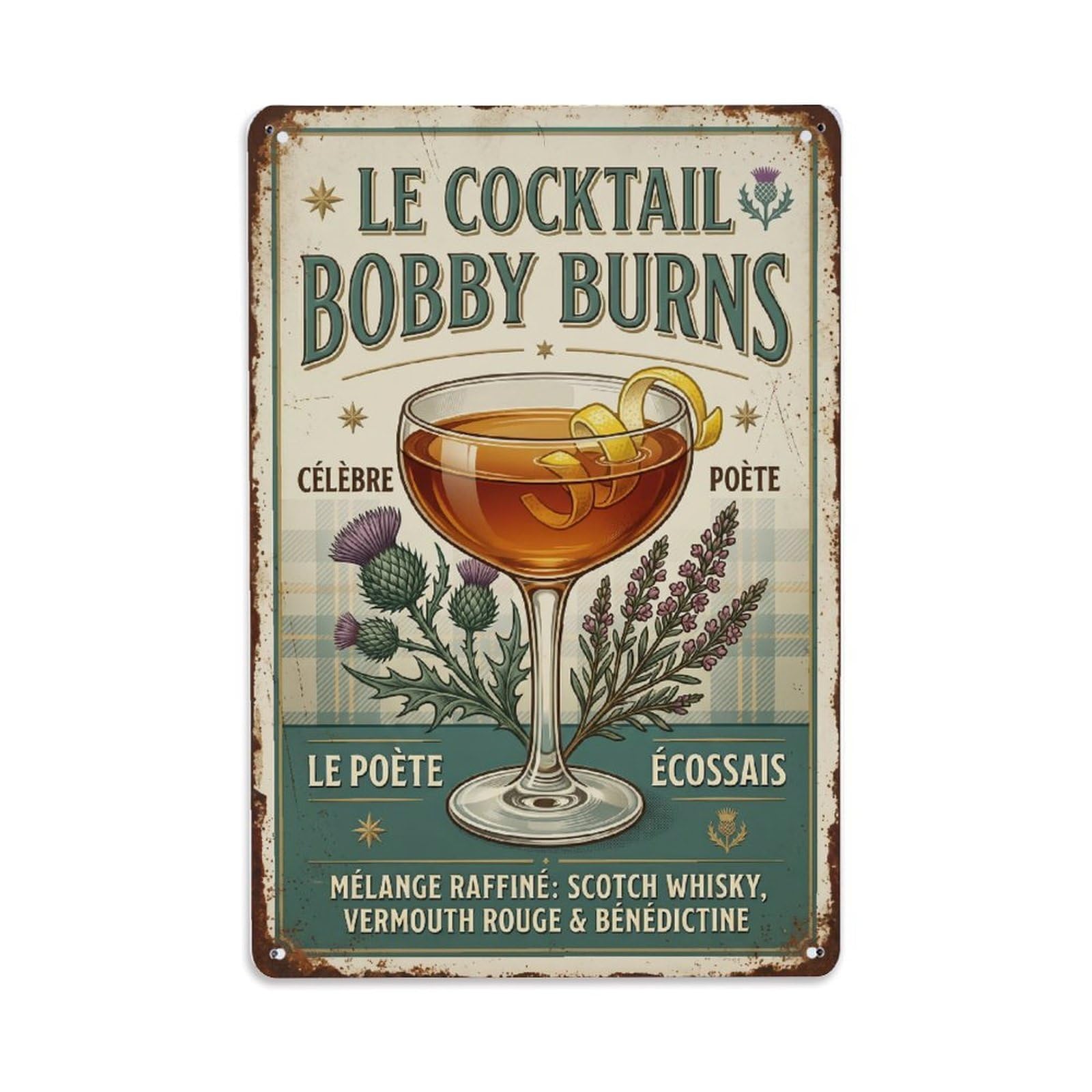 Bobby Burns Fashionable Cocktail Metal Tin Sign Plaque Wall Decor for Cafe, Club Bar, Office, Home Garden Metal Poster 8x12Inch