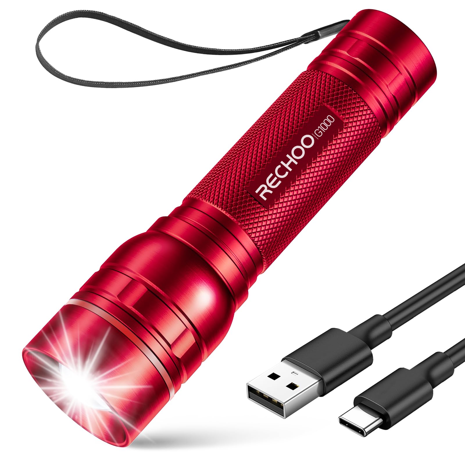 RECHOO Rechargeable Flashlights High Lumens, G1000 Super Bright Flash Light, Small Zoomable LED Flashlight with 3 Lighting Modes, Portable Tactical Flashlight, Gift for Women(Battery Included)-Red