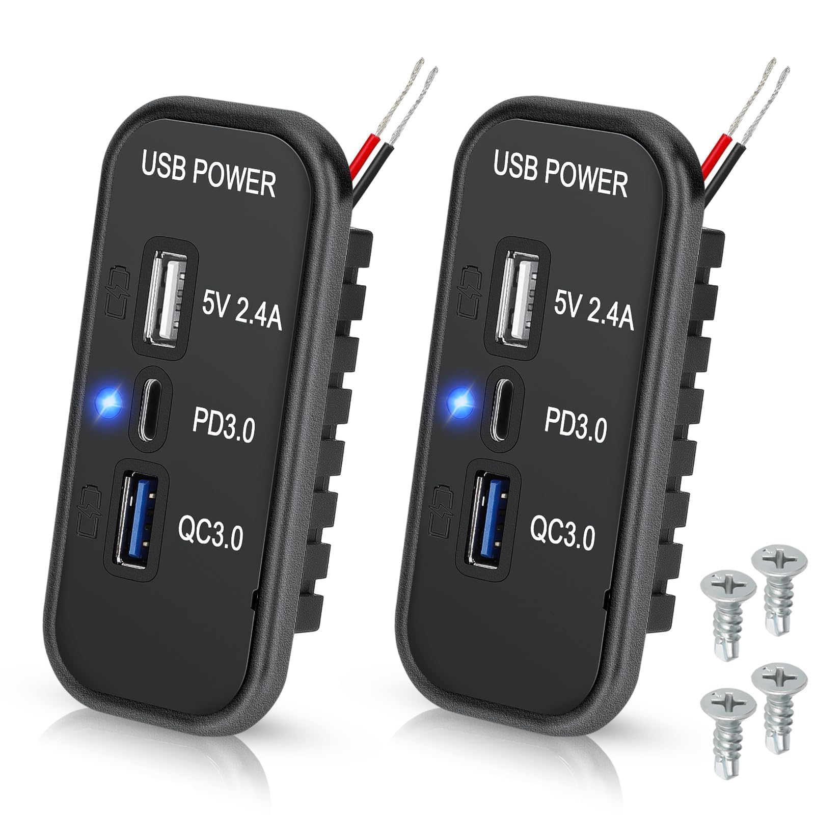 Linkstyle RV USB Outlet, PD3.0 Type C, QC3.0 & 2.4A USB A 3 Ports Car Power Fast Charging Adapter for Car Marine Truck -2pcs