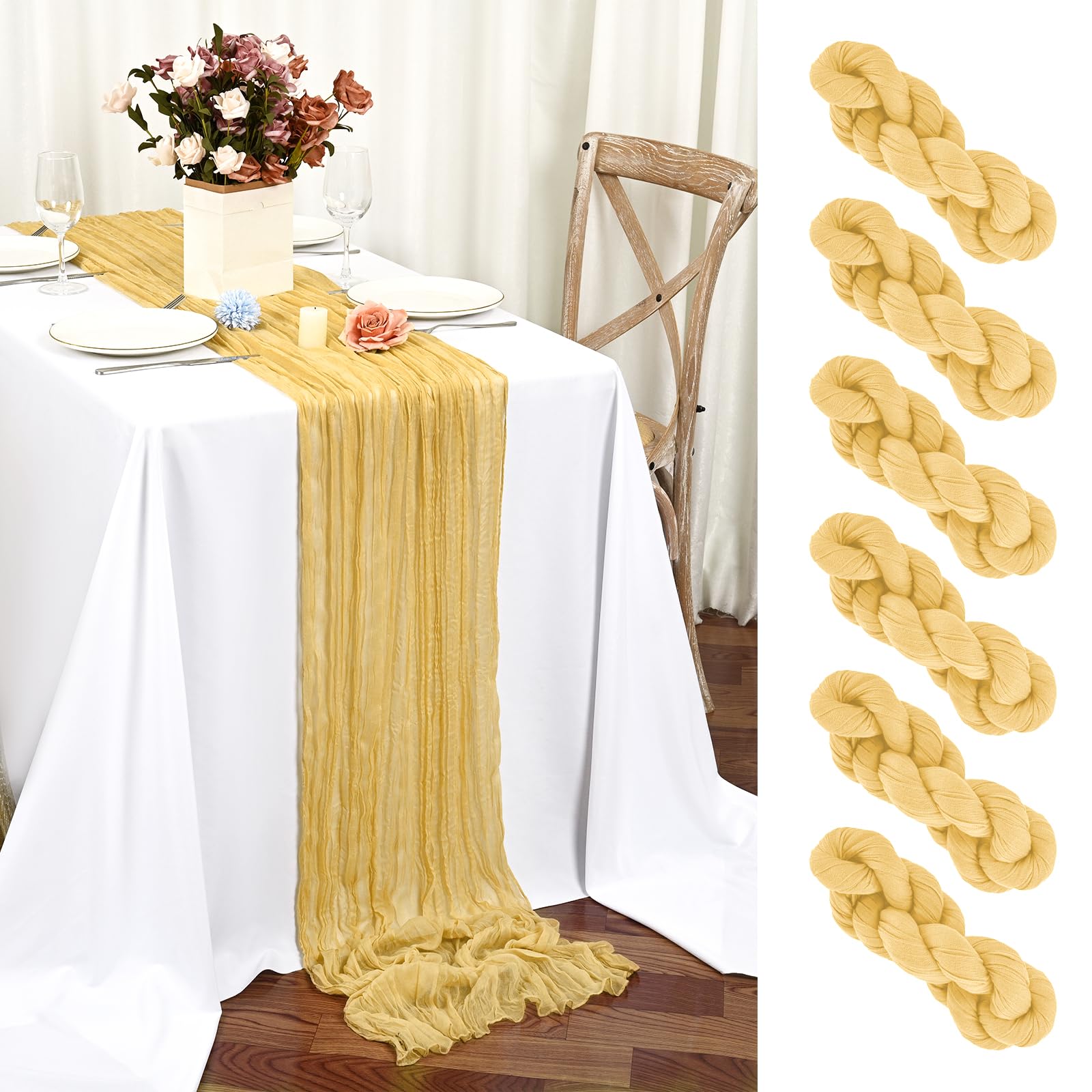 Teruntrue 6 Pack Gold Cheesecloth Table Runner 55x300 cm Boho Gauze Cheese Cloth Table Runner for Wedding Party Baby Bridal Shower Birthday Decorations — image 1