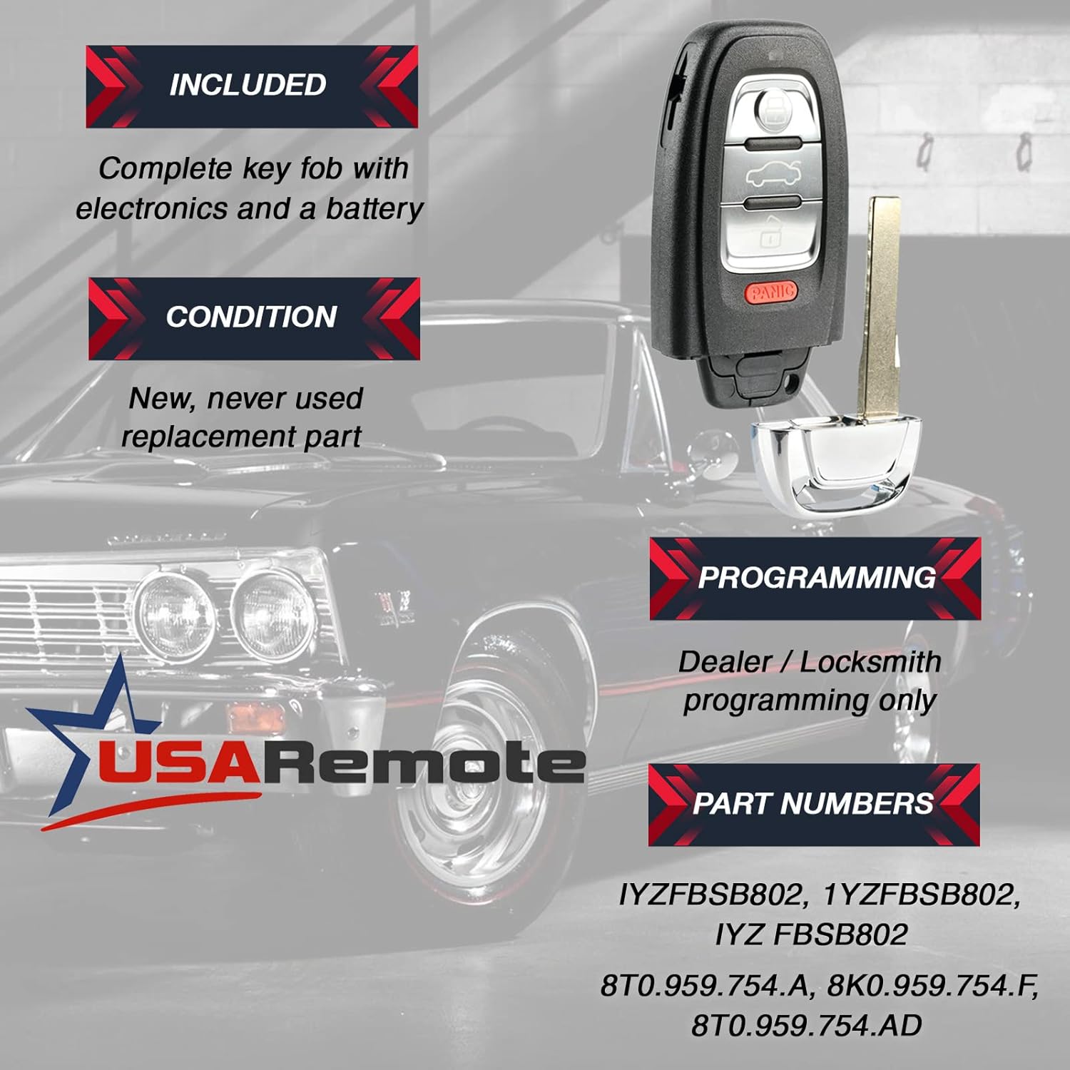 USARemote Key Fob Keyless Entry Remote fits Audi A1 A3 A4 A5 A6 A7 A8 Allroad Q3 Q5 Q7 S3 S4 S5 S6 S7 S8 SQ5 RS5 RS7 (IYZFBSB802)