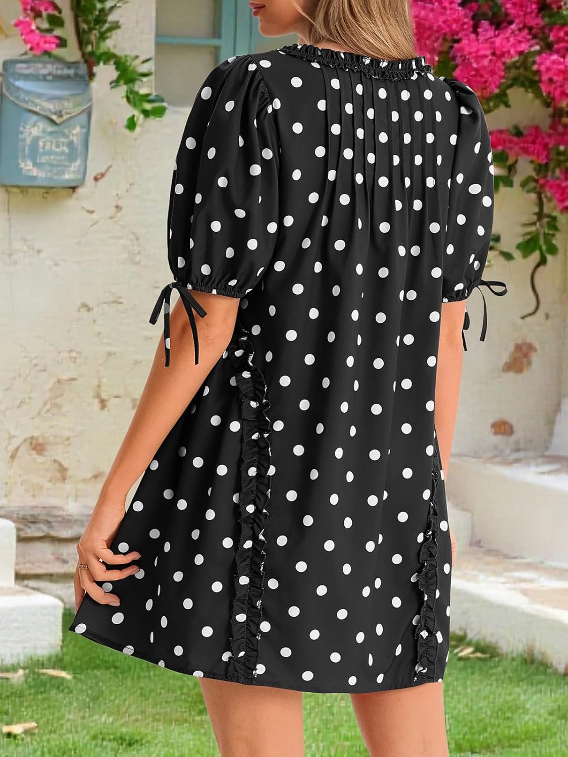 Wenrine Womens Babydoll Mini Dresses Casual Polka Dot Short Sleeve Square Neck Oversized Cute Summer Dress with Pockets - Image 5