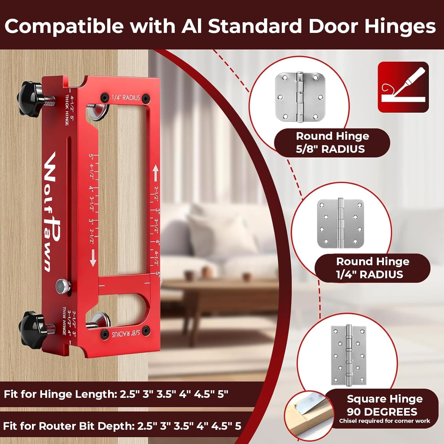 Door Hinge Jig,Aluminum Alloy Door Hinge Router Jig,Adjustable Hinge Mortise J-ig Fits Door Hinges from 2.5" to 5",1/4",5/8" Radius & Square Corner,Door & Cabinet Hinges