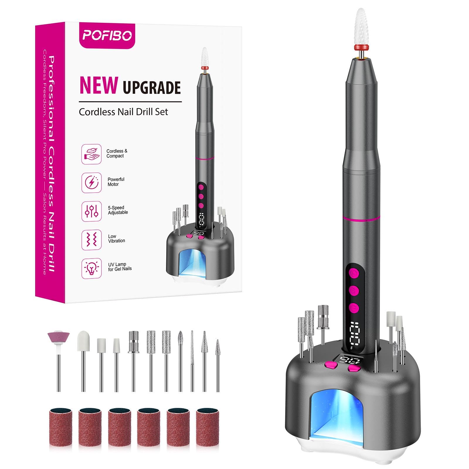 POFIBO Trapano per unghie senza fili con lampada per unghie, base di ricarica 3 in 1, kit di lima per unghie ricaricabile 13 in 1, 35000 giri/min, display LCD, 5 velocità per unghie acriliche e gel