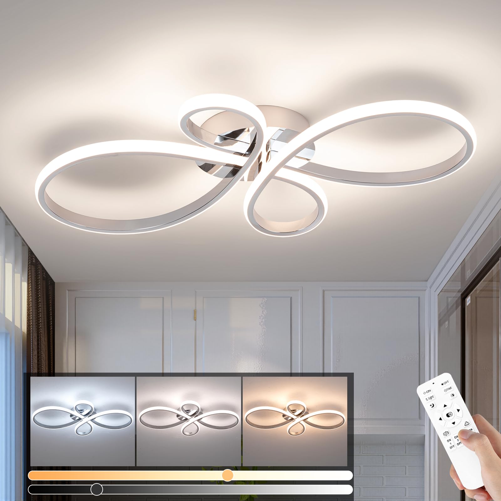 Led Ceiling Light Dimmable, Modern Led Ceiling Lamp with Remote Control, Minimalist Silver Ceiling Lights for Bedroom Kitchen Living Room Dining Office Hallway Balcony - 36W, Silver, 60cm, 3000K-6000K