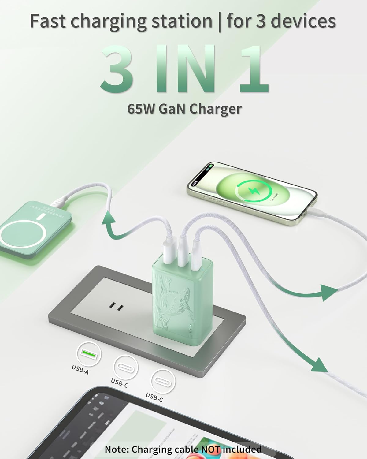 65W GaN Fast Charger Block,3-Port USB C Wall Charger,Compact Foldable Design, Compatible with iPhone 16/15 Series,Galaxy S25/S24 Ultra(Green) - Image 2