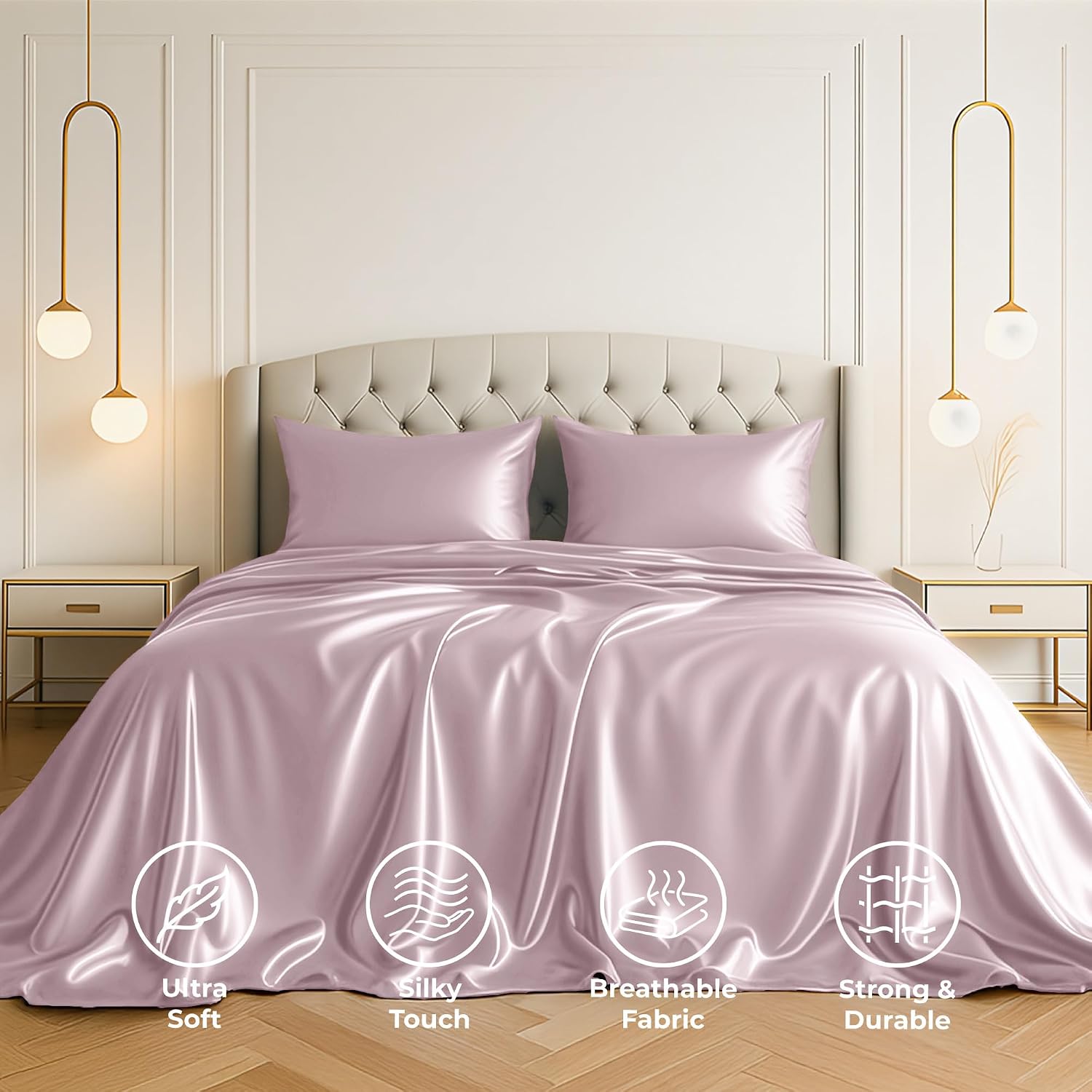 Satin Sheets King [4-Piece, Champagne Pink] Hotel Luxury Silky Bed Sheets - Extra Soft 1800 Microfiber Sheet Set, Wrinkle, Fade, Stain Resistant - Deep Pocket Fitted Sheet, Flat Sheet, Pillow Cases