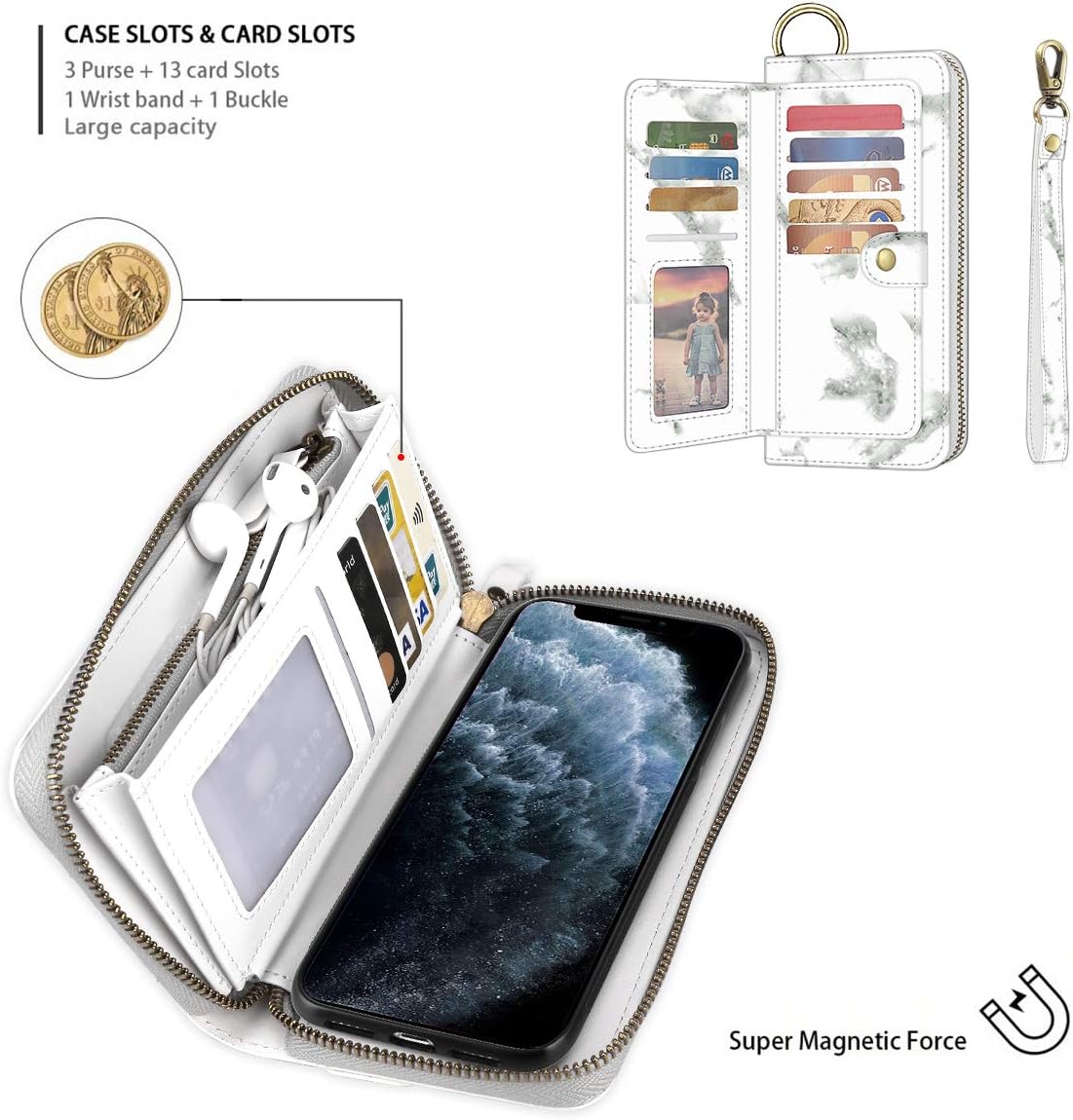 Petocase Compatible iPhone 11 Pro Max Wallet Case, Multi-Function Zipper Purse with Detachable Magnetic Cover Wristlets 13 Card Slots & 4 Cash Pocket for Apple iPhone 11 Pro Max 6.5 Inch White Marble