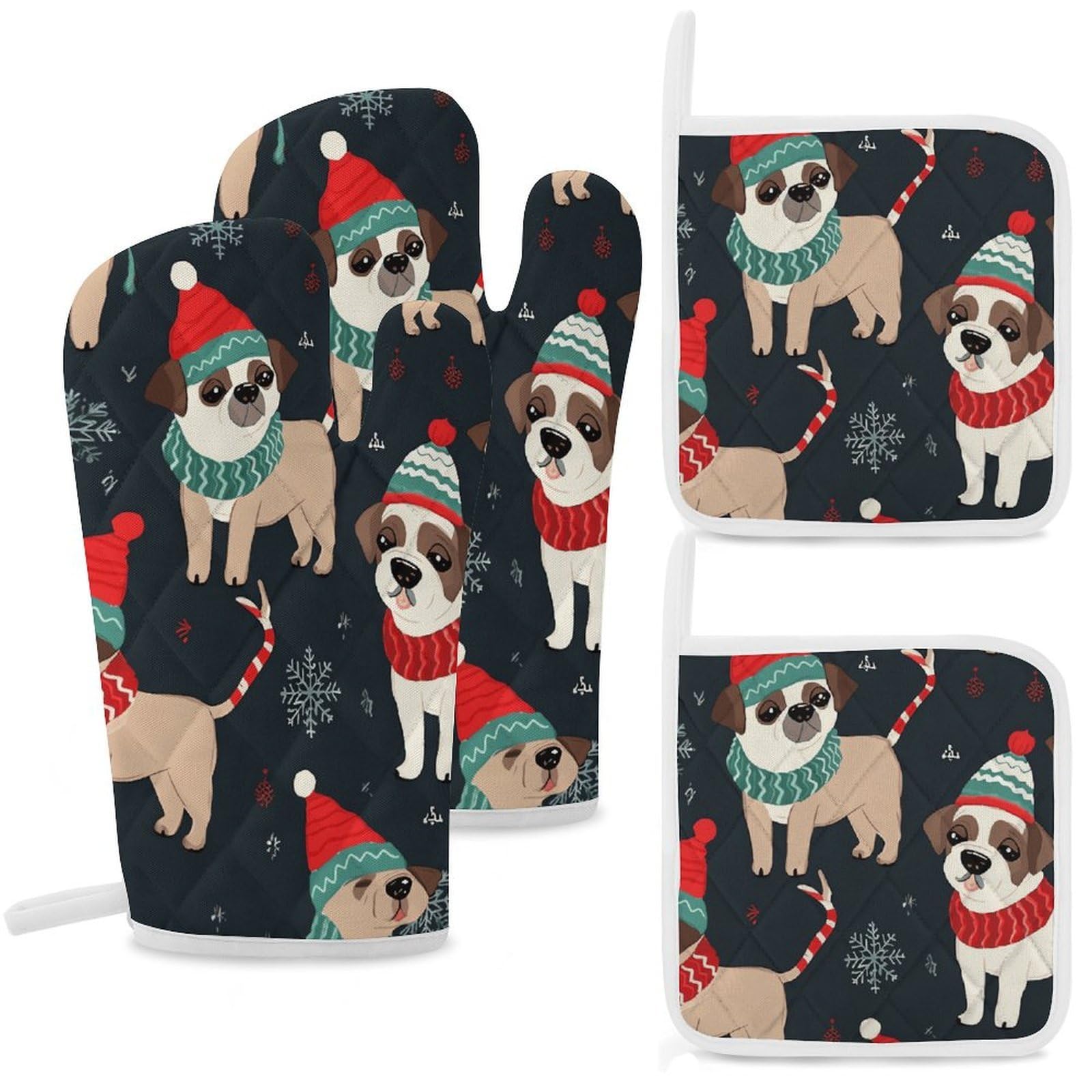 Merry Christmas Dog Oven Mitts and Pot Holders Sets Heat Resistant Oven Glove with Hanging Loop for Baking Cooking BBQ Thicken Potholders for Kitchen