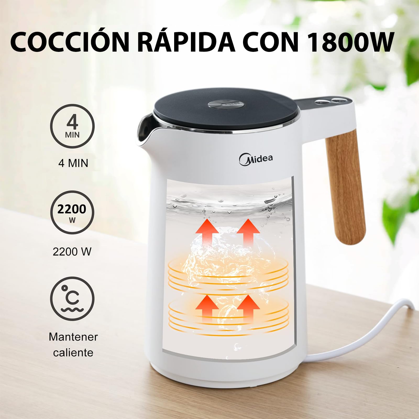 Midea Hervidor de Agua Electrico con Control Temperatura 1,5L, 2200W, Kettle con indicador de temperatura y Asa de Madera, Libre de BPA con Base 360°, Doble Pared, Acero Inoxidable Interno, Blanco