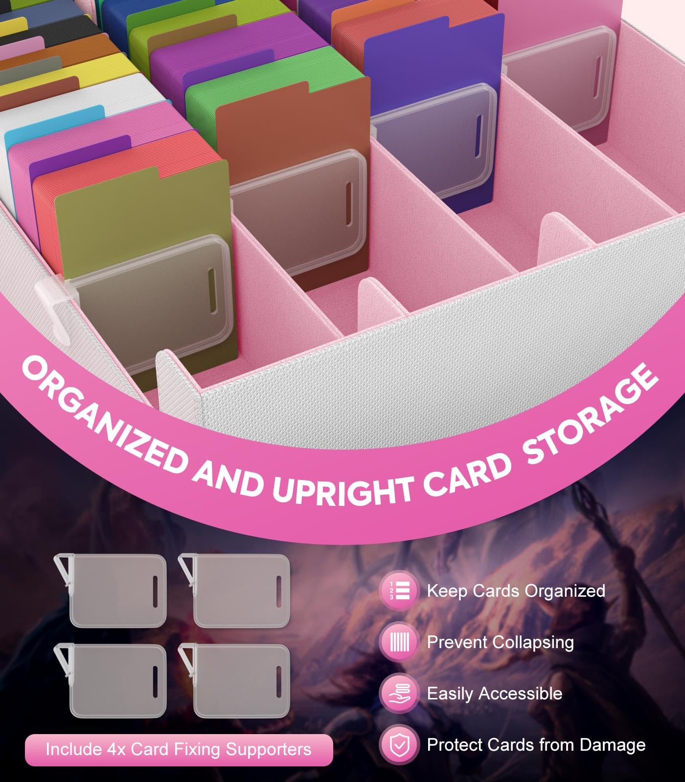 MoKo Trading Card Storage Box, 3000+ MTG Deck Box with 24 Colorful Dividers & 4 Card Supporters - Image 4