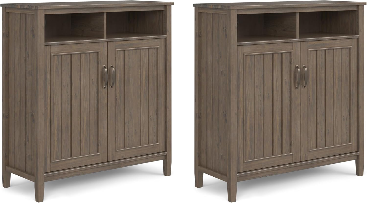 SIMPLIHOME Lev Solid Wood 39 inch Storage Cabinet in Smoky Brown (Set of 2) for the Living Room, Entryway and Family Room
