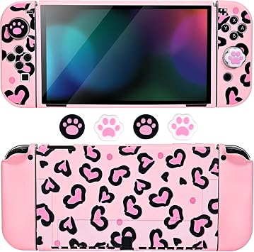 DLseego Love Case Design for Switch OLED Console 2021, Anti-Slip Shock-Absorption Plastic Protective Soft Carrying Case and Joy Con Controller with 4 PCS Cat Paw Thumb Grips Caps - Heart Pink