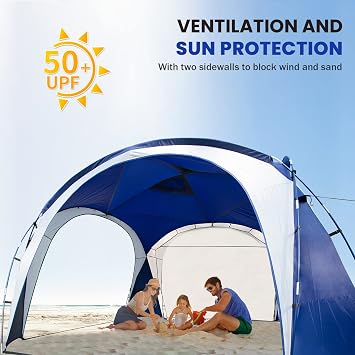 UNICAMPER Beach Tent UPF50+ Sun Shade 3.6m X 3.6m Canopy Tent with 2-Pcs Side Wall, Sun Shelter Rainproof, Waterproof for Camping Trips, Backyard Fun, Fishing, Parties, Or Picnics Umbrella(Navy Blue)