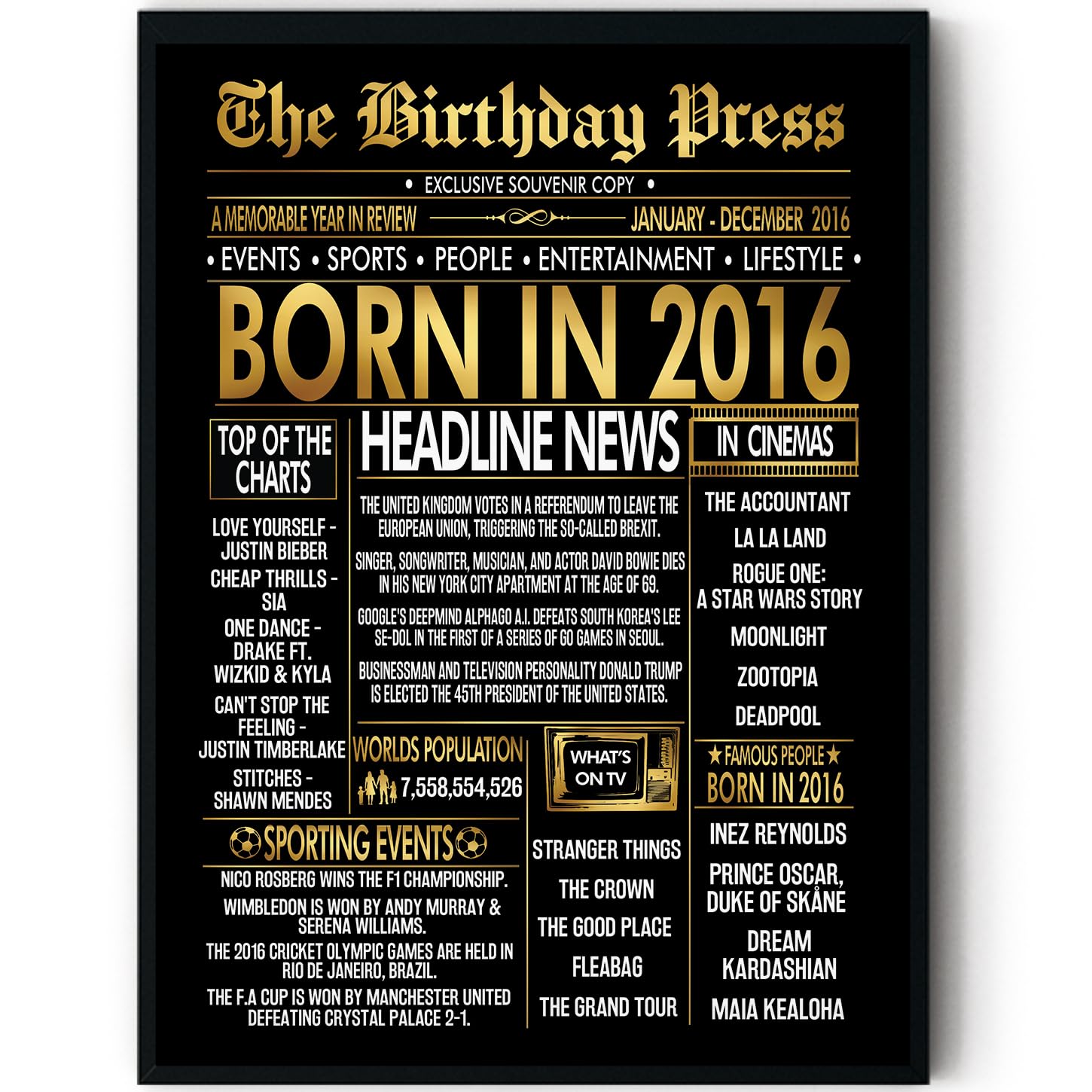 Stuff4 Gold 10th Birthday Poster Framed, Golden Born In 2016 Newspaper