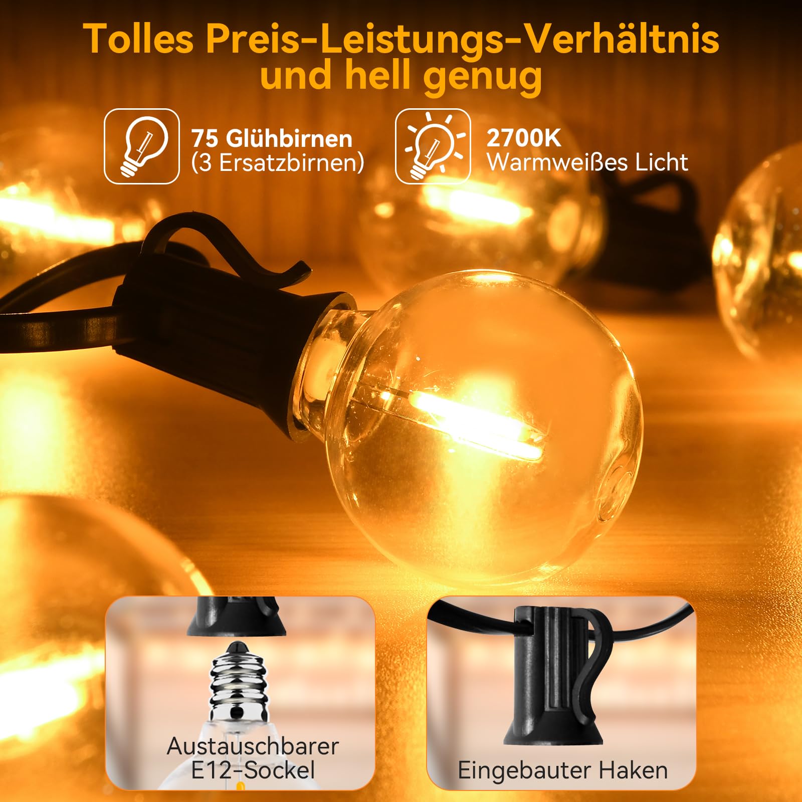 AVANLO VANLO Guirlande lumineuse LED Extérieur 45.7M/150FT Terrasse Guirlande lumineuse Extérieur Incassable 75+3 G40 Ampoules Etanche pour Jardin,Balcon,Mariages,Fêtes