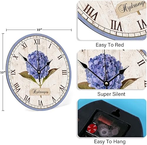 Miniatura 7 de Reloj de madera retro morado hortensia números romanos de 10 pulgadas, reloj de pared de madera silencioso sin tictac funciona con pilas, reloj de