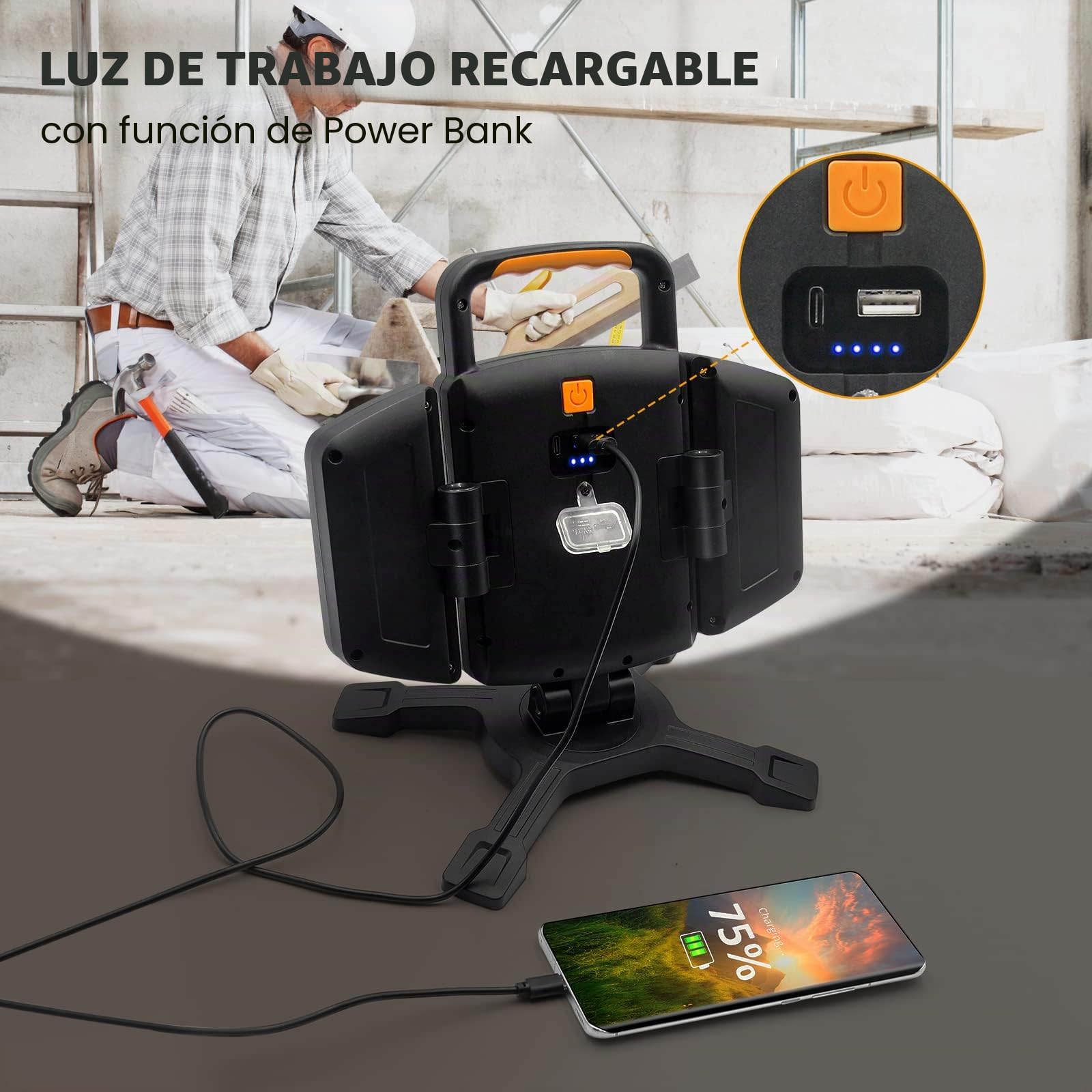 SYLSTAR Foco LED Recargable 30W, 3000LM Foco LED Bateria con Imán, 5 Modos Focos Portatil y Función Powerbank, Plegable y Trabajo, Impermeable para Obra Taller Camping Garaje Pesca Emergencia
