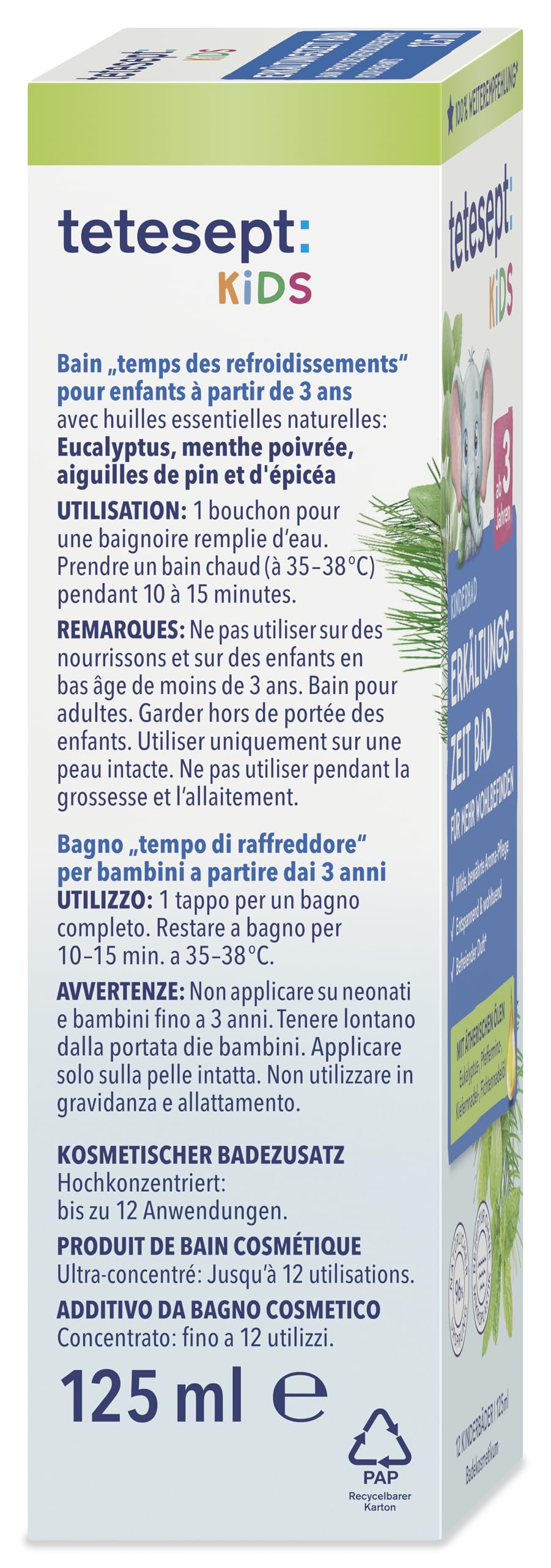 tetesept Kids - Baño de frío para niños – 1 x 125 ml – Baño infantil para la estación fría con 4 aceites esenciales – Aditivo de baño relajante y calmante