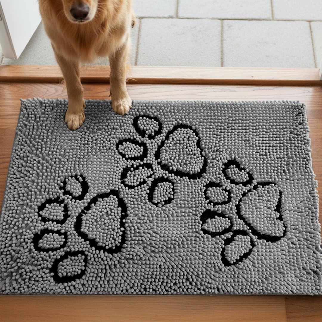 MUDGUARD MAT® Dog Door Mat with Two-Paws Motif Design, Super Absorbent Microfiber Chenille, Non-Slip Quick-Dry Indoor Rug for Muddy Paws, Pets & Entryway, Machine Washable, Grey 19"x30"