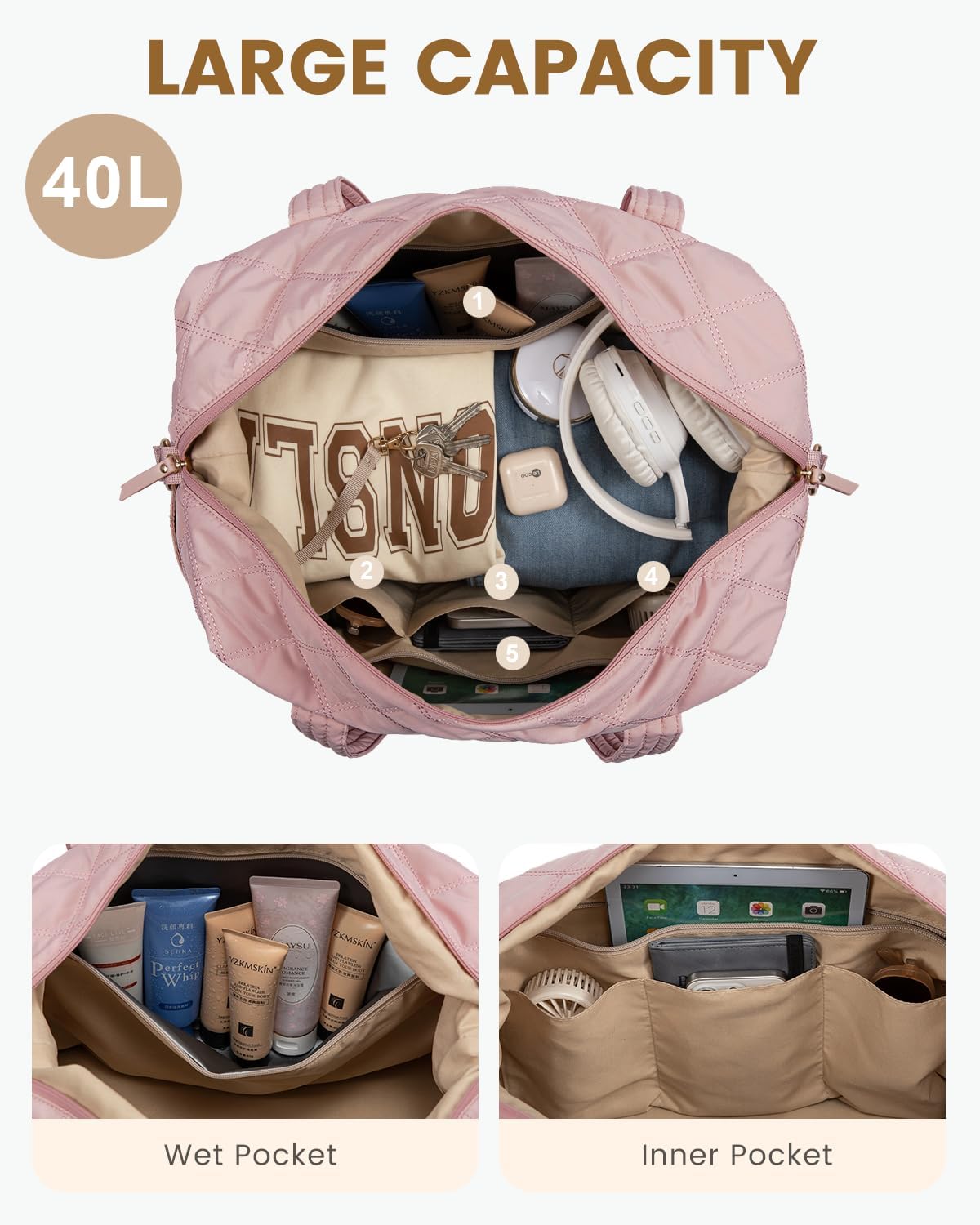 LOVEVOOK Travel Duffle Bag, Lightweight Weekender Bags for Women with Shoe Compartment,40L Puffer Gym Bag Personal Item Travel Bag, Quilted Overnight Bags and Hospital Bag for Labor and Delivery - Image 4