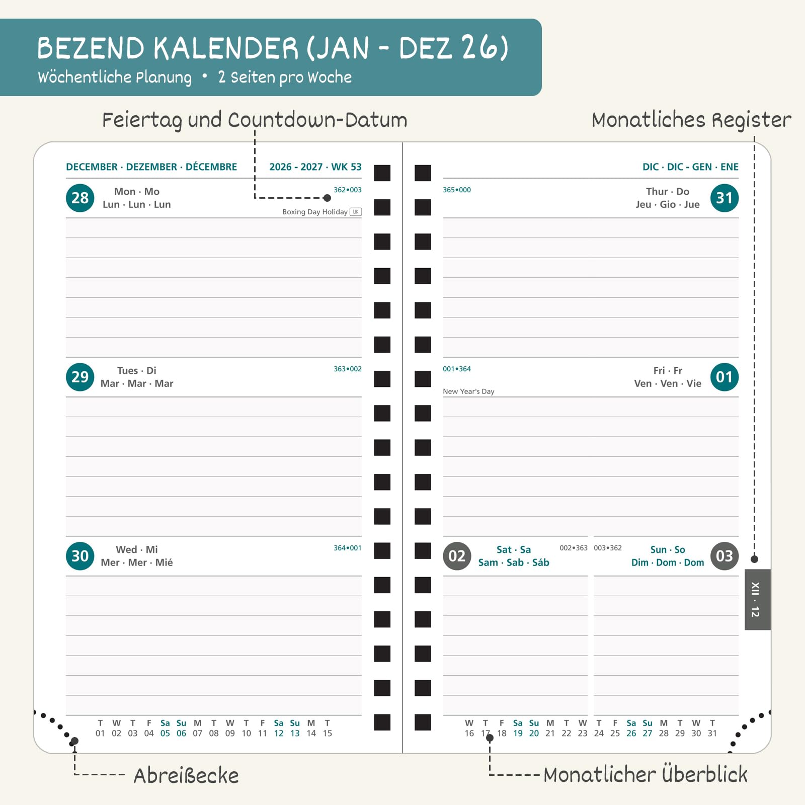 BEZEND Calendar 2026 Book Calendar Ring Binder Approx. A4 28.5 X 21.5 Cm Diary 2026 1 - View #3