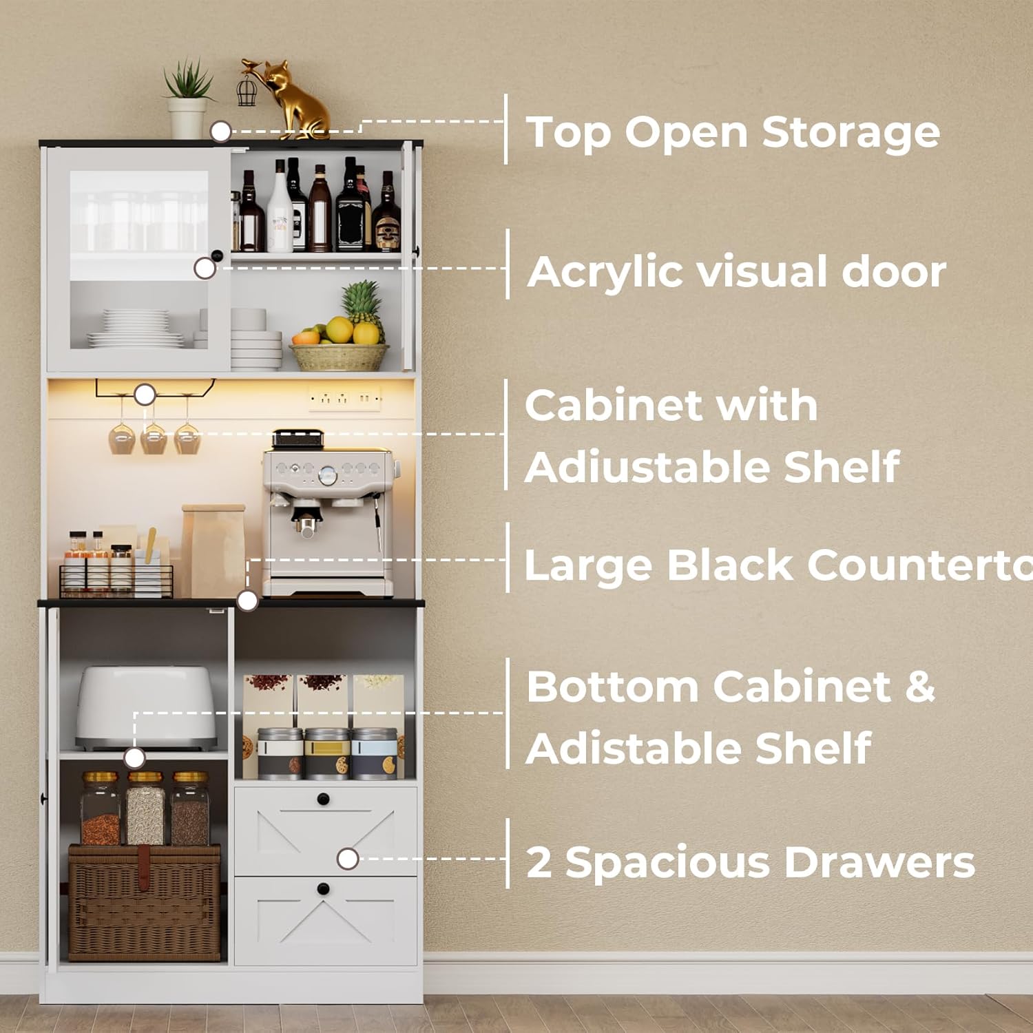 71‘’Kitchen Pantry Storage Cabinet with LED Lights and Power Outlet, Tall Farmhouse Kitchen Hutch with Microwave Stand,Globet Hooks and Adjustable Shelf for Dining Living Room,White